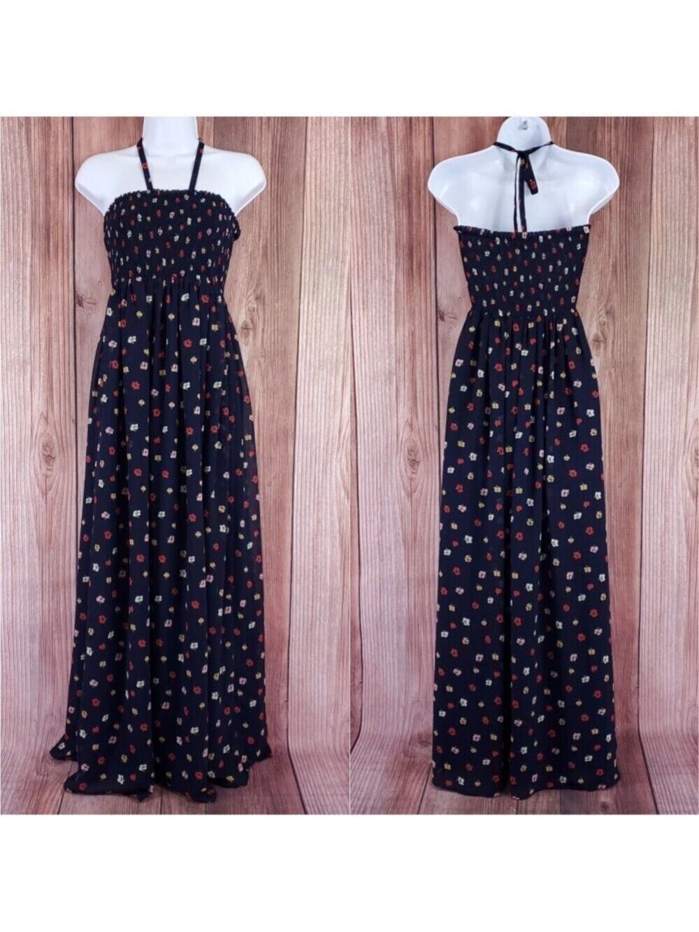 Madewell Halter Smocked Maxi Dress Womens Medium kimono floral deep indigo L3334